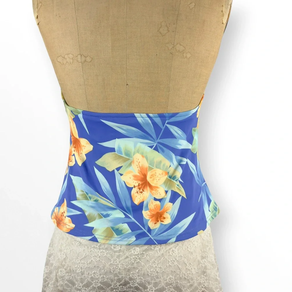 Vintage Y2K Tropical Floral Swim Halter Top Hibiscus Open Back Coconut Girl Sz L